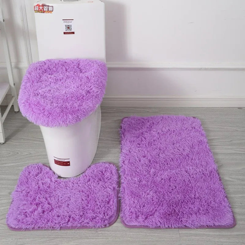 3PCS Bathroom Rug Set, Non-Slip Bath Mats with Toilet Lid Cover, Soft Fluffy Solid Color Bathroom Carpet Set
