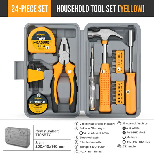 Hi-Spec 24-Piece Compact Household Tool Kit, Yellow DIY Hand Tool Set for Home and Office Repairs