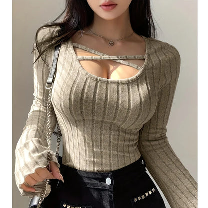 Women’s Ribbed Knit Long Sleeve T-Shirt with Square Neck and Cross Strap, Slim Fit Solid Color Casual Top for Autumn and Winter Streetwear