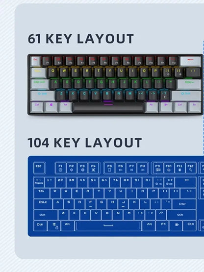 FreeWolf K61 Wired Mechanical Gaming Keyboard, 60% Compact 61-Key Layout, RGB Backlit, Phantom Switches, USB Plug and Play Keyboard for PC, Laptop, and Tablet