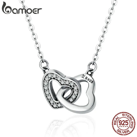 BAMOER 925 Sterling Silver Connected Heart Pendant Necklace with Zircon, Romantic Jewelry Gift for Women, Valentine’s Day and Anniversary Necklace
