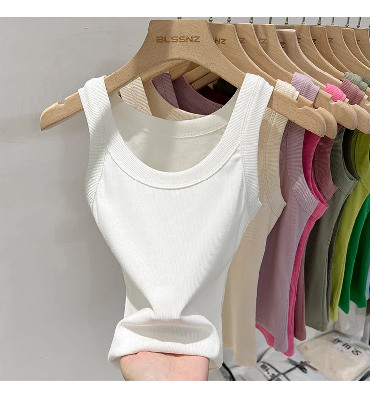 Women’s Ribbed Cotton Tank Top Solid Color Round Neck Camisole, High Stretch Summer Basic O-Neck Sleeveless Casual Top