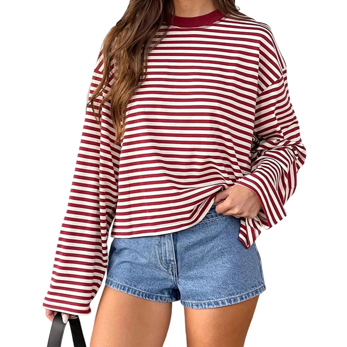 Women’s Retro Striped Long Sleeve T-Shirt, Loose Fit Crew Neck Casual Top, Vintage Streetwear Fall Pullover Tee for Ladies