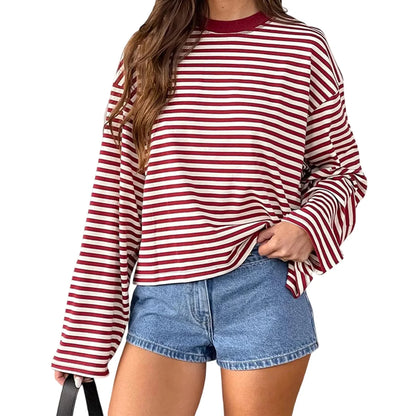 Women’s Retro Striped Long Sleeve T-Shirt, Loose Fit Crew Neck Casual Top, Vintage Streetwear Fall Pullover Tee for Ladies