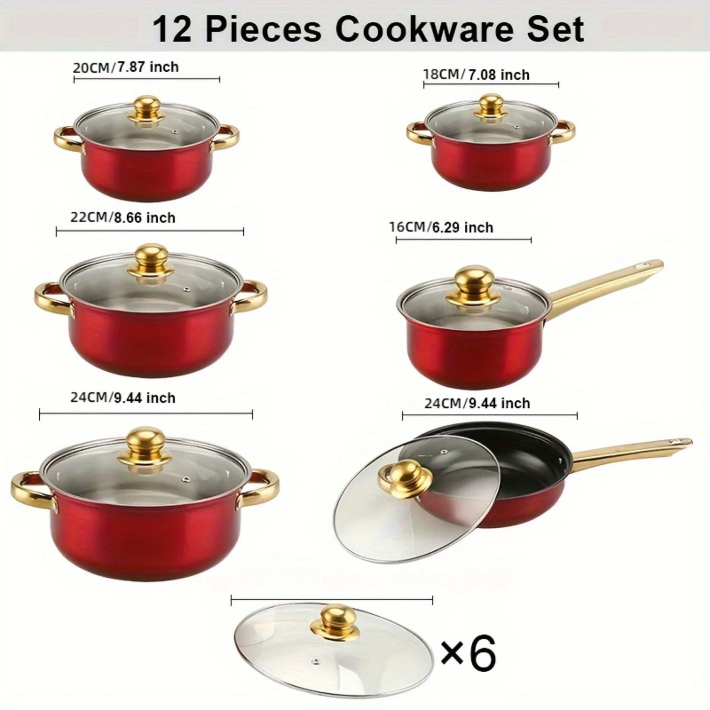 12PCS Stainless Steel Cookware Set, Non-Stick Pots & Pans with Lids, Multi-Color Kitchenware Set