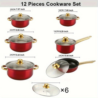 12PCS Stainless Steel Cookware Set, Non-Stick Pots & Pans with Lids, Multi-Color Kitchenware Set
