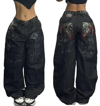 Y2K Hip-hop Stitching Fashion Joker Retro Jeans Female Korean Casual Simple Dress Essential Wide-leg Pants Loose  Joker Overalls