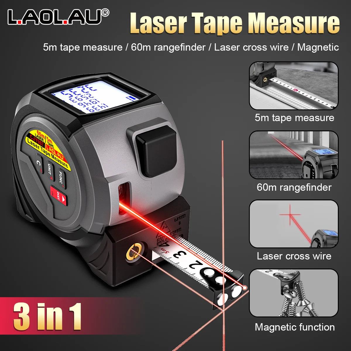 3-in-1 Laser Tape Measure with 60m/40m Rangefinder, 5m Retractable Tape, Cross Line Laser Level, LCD Backlight Display, ±3mm Accuracy, Magnetic Mount, AAA Battery Powered