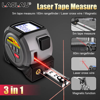3-in-1 Laser Tape Measure with 60m/40m Rangefinder, 5m Retractable Tape, Cross Line Laser Level, LCD Backlight Display, ±3mm Accuracy, Magnetic Mount, AAA Battery Powered