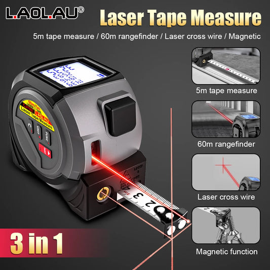 3-in-1 Laser Tape Measure with 60m/40m Rangefinder, 5m Retractable Tape, Cross Line Laser Level, LCD Backlight Display, ±3mm Accuracy, Magnetic Mount, AAA Battery Powered