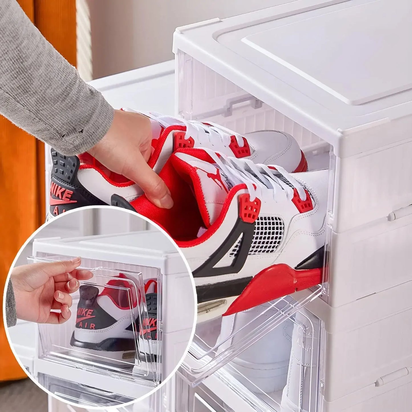 Foldable Shoe Storage Box with Transparent Door, 3/6-Layer Stackable Sneaker Organizer Cabinet