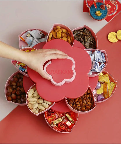 Multi layered petal rotating fruit tray with lid, multifunctional dry fruit and snack storage box for home living room