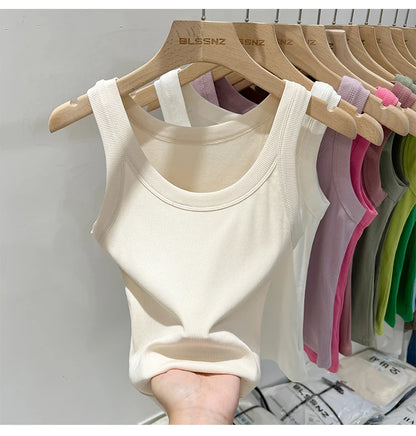 Women’s Ribbed Cotton Tank Top Solid Color Round Neck Camisole, High Stretch Summer Basic O-Neck Sleeveless Casual Top
