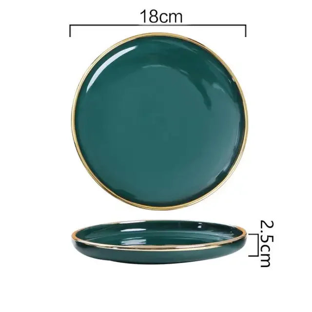 Luxury Green Ceramic Dinnerware Set with Gold Rim, Porcelain Plates & Bowls for Dessert, Salad & Soup