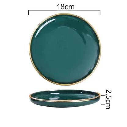 Luxury Green Ceramic Dinnerware Set with Gold Rim, Porcelain Plates & Bowls for Dessert, Salad & Soup