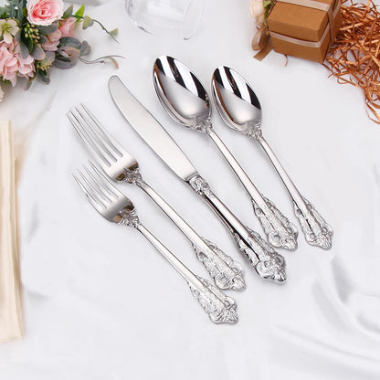 20/30PCS Luxury Gold & Silver Cutlery Set, Vintage Stainless Steel Flatware with Engraved Forks, Spoons & Knives