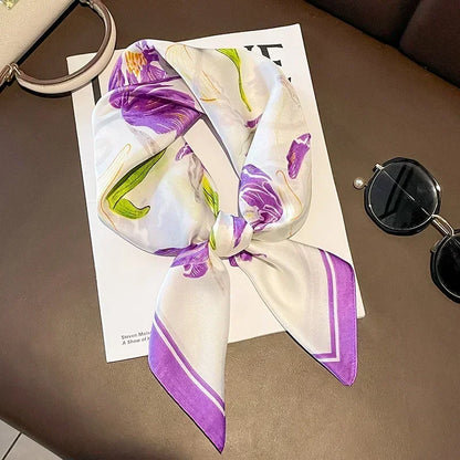 Luxury Printed Silk-Style Square Scarf for Women, Soft Satin Neckerchief Headband and Hair Ribbon, Fashion Hijab and Bag Accessory for Office and Daily Wear