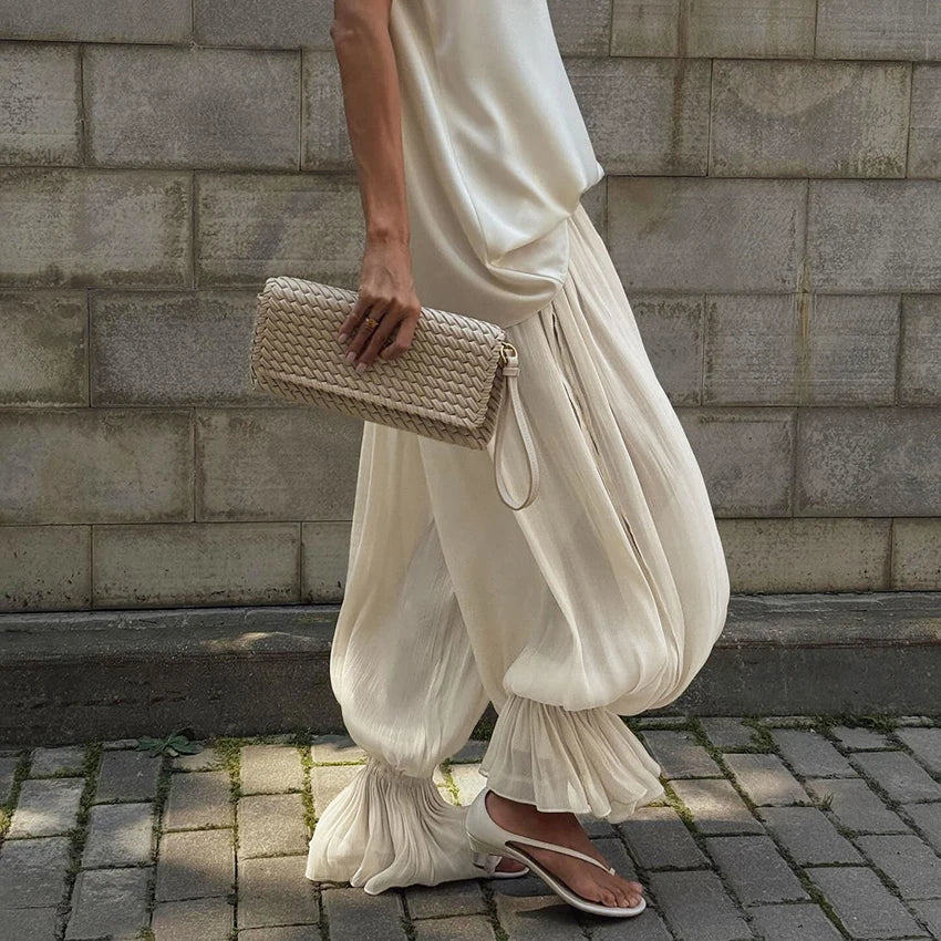Women’s Apricot Loose Bloomers Pants with Elastic Waist, Sheer Flare Long Trousers, Elegant Autumn Streetwear Casual Wide-Leg Pants