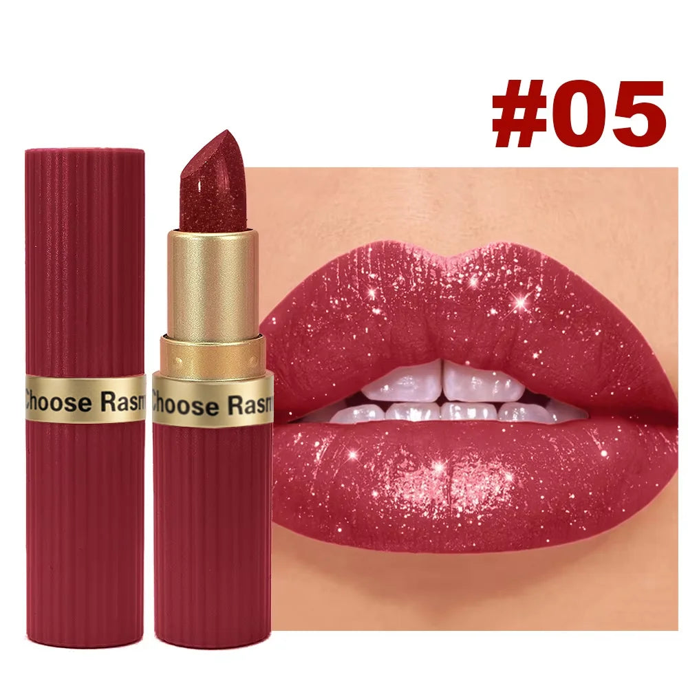 CHOOSE RASME Pearlescent Pink Glitter Velvet Lipstick, Metallic Matte Shimmer Waterproof Long-Lasting Moisturizing Diamond Lipstick, 3.5g