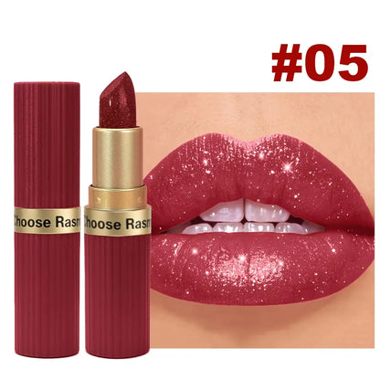 CHOOSE RASME Pearlescent Pink Glitter Velvet Lipstick, Metallic Matte Shimmer Waterproof Long-Lasting Moisturizing Diamond Lipstick, 3.5g
