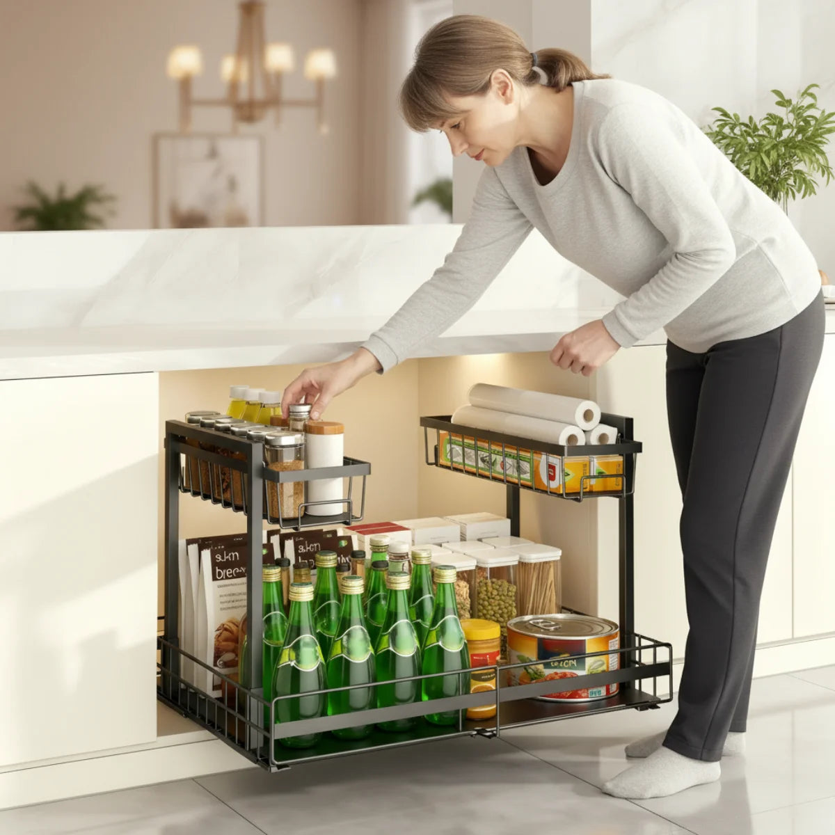 2-Tier Expandable Under Sink Organizer – Adjustable Metal Storage Shelf for Kitchen & Bathroom (Black)