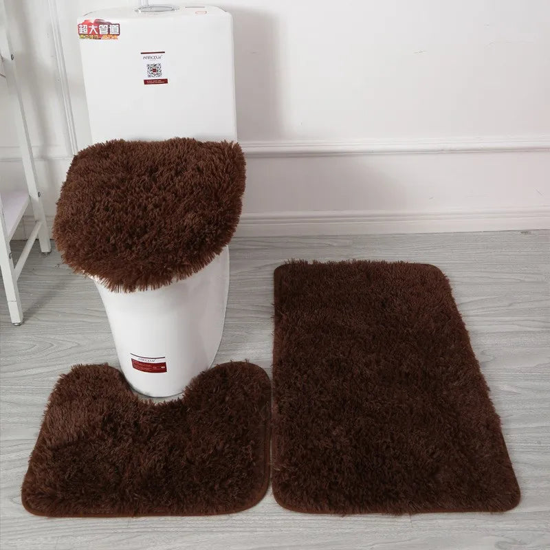 3PCS Bathroom Rug Set, Non-Slip Bath Mats with Toilet Lid Cover, Soft Fluffy Solid Color Bathroom Carpet Set