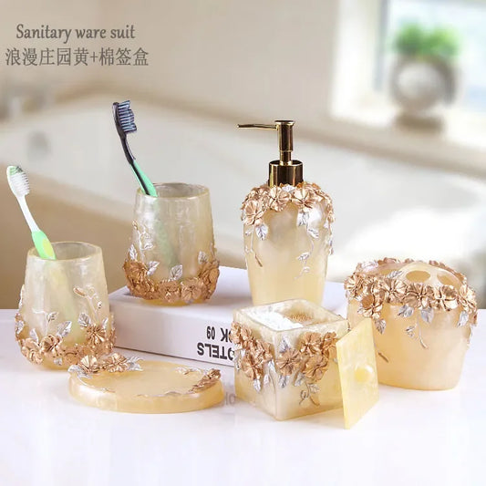 5-Piece Resin Bathroom Accessory Set, European Retro Toilet Set with Soap Dispenser, Tissue Holder, Toilet Brush & Cotton Swab Box