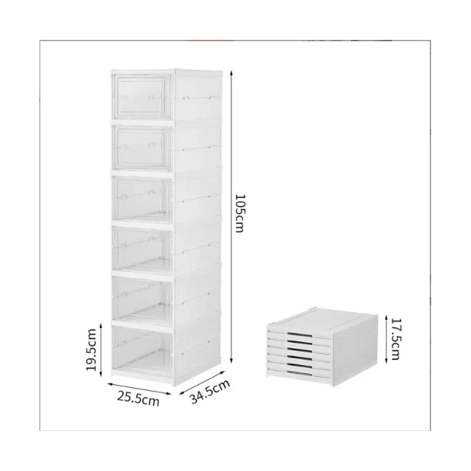Foldable Shoe Storage Box with Transparent Door, 3/6-Layer Stackable Sneaker Organizer Cabinet