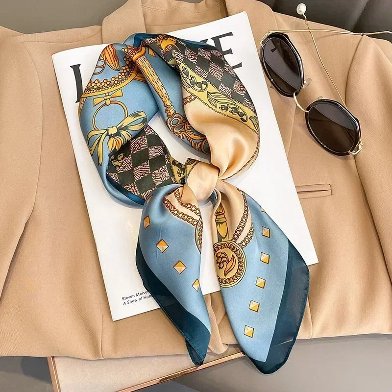 Luxury Printed Silk-Style Square Scarf for Women, Soft Satin Neckerchief Headband and Hair Ribbon, Fashion Hijab and Bag Accessory for Office and Daily Wear