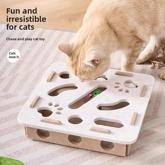 Cat Puzzle Felt Toy Box with Rolling Ball, Interactive Exercise and Hunting Playhouse for Indoor Cats, Multi-Function Scratching and Activity Toy