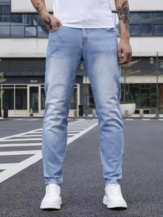 Men’s Light Blue Slim-Fit Stretch Denim Jeans, Casual and Smart Versatile Pants with Elastane Fabric for All-Season Wear
