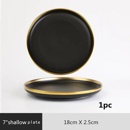 Black Porcelain Dinnerware Set with Gold Rim, Ceramic Plates, Bowls & Cutlery for Home & Restaurant Use