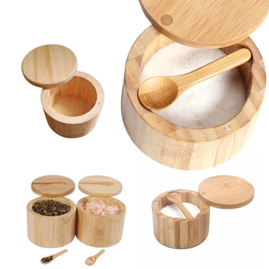 Salt Seasoning Jars Pepper Jar Set – Bamboo Condiment Box Sugar Storage Pot with Lid Multi-Purpose Bowls