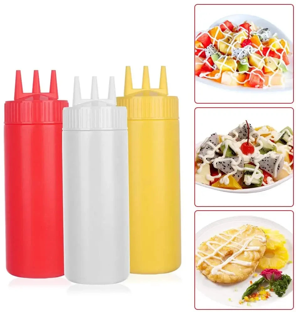 Ketchup Squeeze Bottle Plastic – Condiment Squirt Bottle with 3-Hole Dispensing for Oil, BBQ Sauces, and More