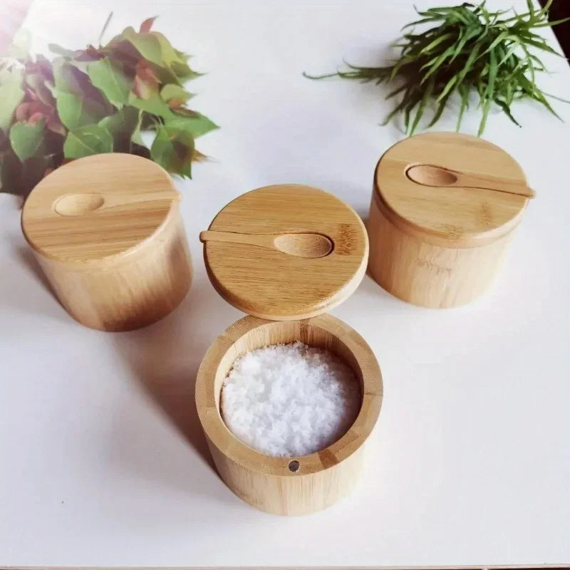 Salt Seasoning Jars Pepper Jar Set – Bamboo Condiment Box Sugar Storage Pot with Lid Multi-Purpose Bowls