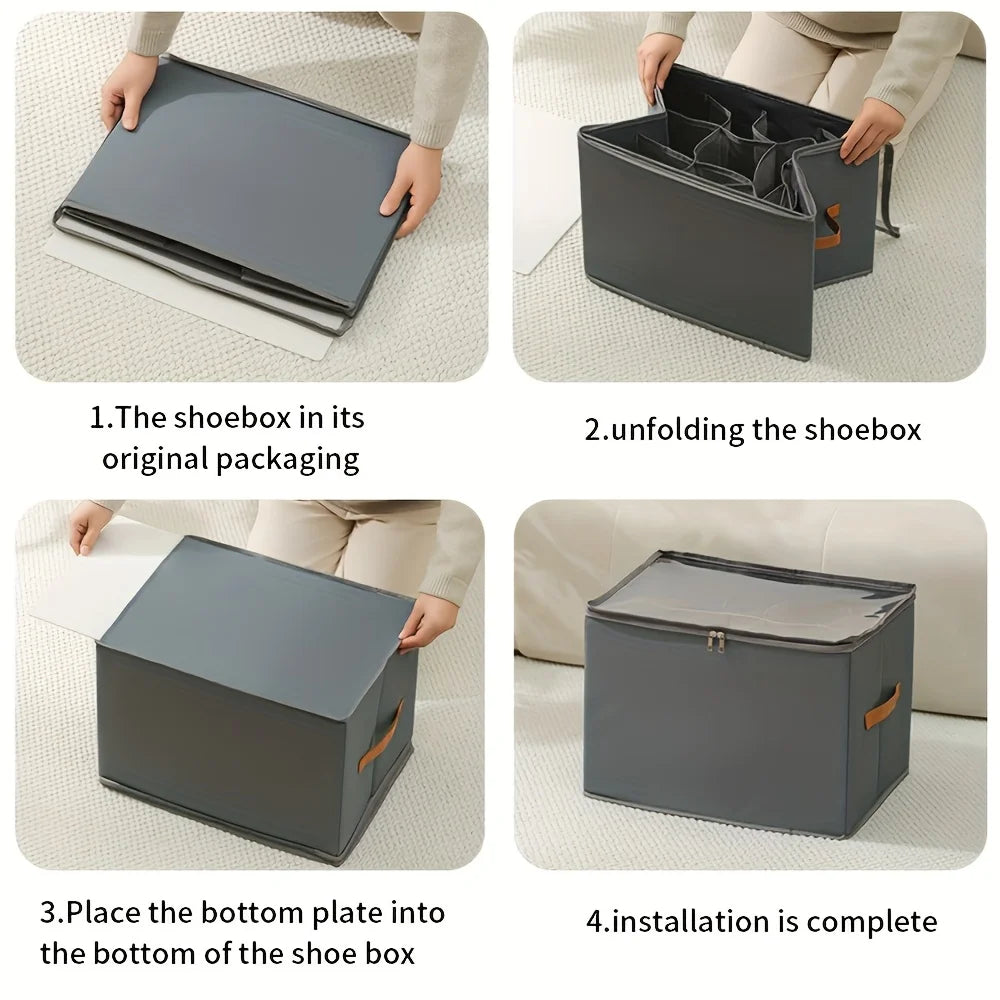 Foldable Shoe Organizer with Lid – Heavy-Duty Oxford Fabric Storage Box with Clear Front Panel