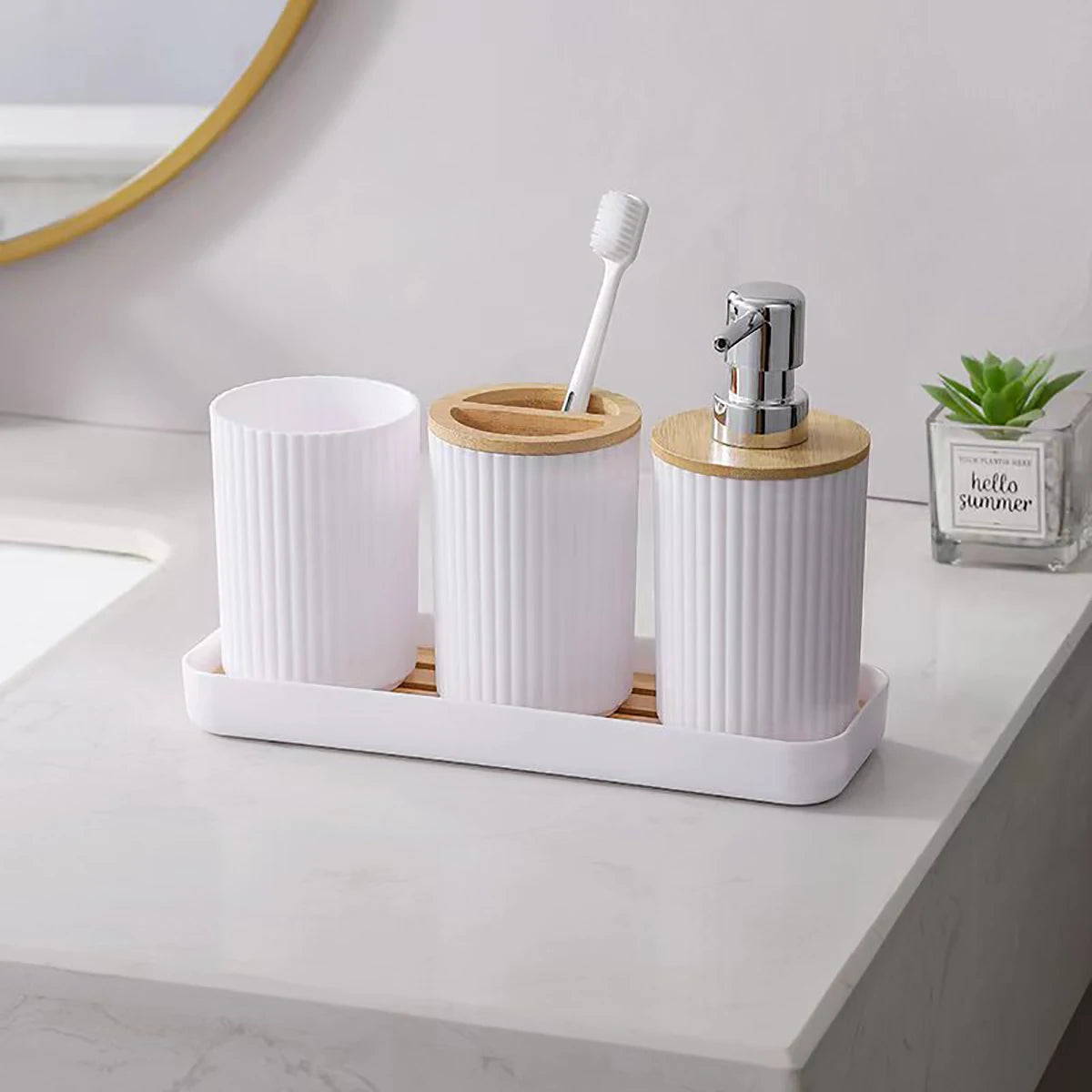 Bathroom Accessories Storage Box Set, PET & Bamboo Vanity Organizer with Soap Dispenser, Toothbrush & Cotton Swab Holder