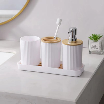 Bathroom Accessories Storage Box Set, PET & Bamboo Vanity Organizer with Soap Dispenser, Toothbrush & Cotton Swab Holder