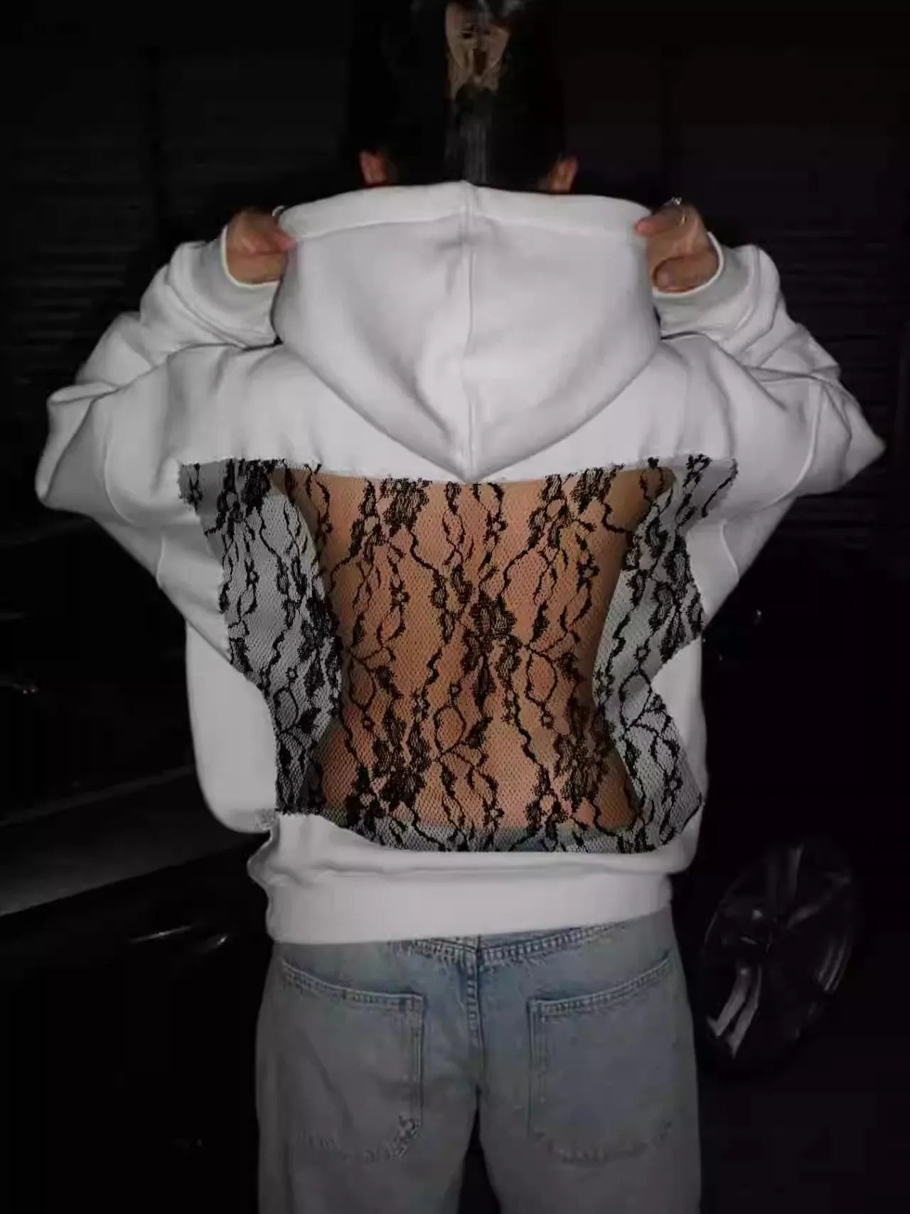 Streetwear Fashion Hoodie Woman's Sexy Solid See Through Backless Sweatshirt Autumn Winter Ladies Lace Splicing Fleece Pullover