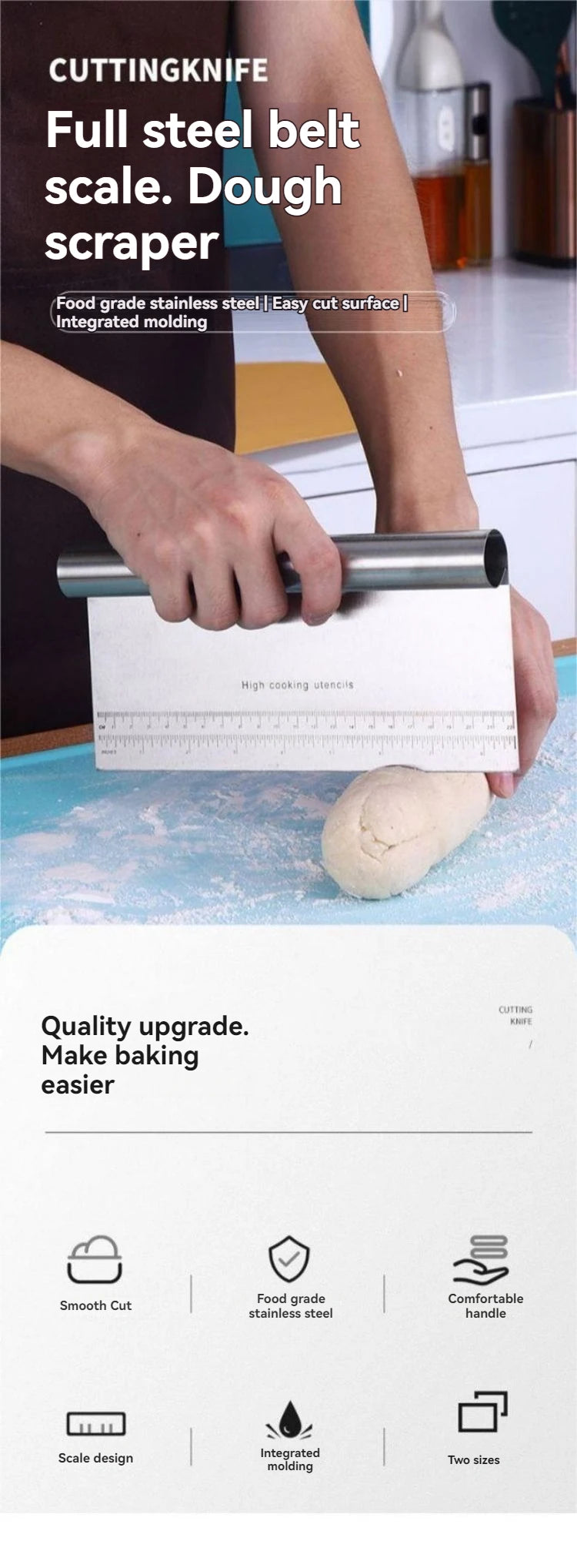 Stainless Steel Dough Scraper, Multifunctional Cake & Cream Scraper with Scale, Baking and Cutting Tool