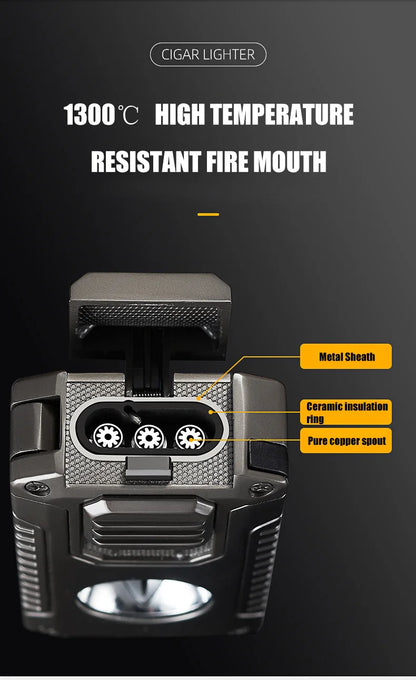 Strong Three Flame Cigar Lighter Multi-function V-shaped Cigar Cutter Bottom Cigar Drill Cigar Thru Needle Visual Gas Window