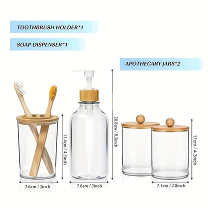 Boho Bathroom Accessories Set, 4PCS Clear Plastic Soap Dispenser, Toothbrush Holder & Canister Set