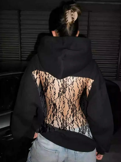 Streetwear Fashion Hoodie Woman's Sexy Solid See Through Backless Sweatshirt Autumn Winter Ladies Lace Splicing Fleece Pullover