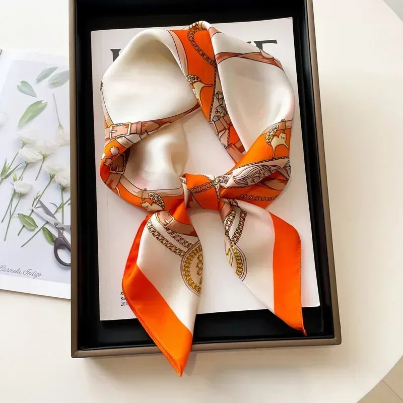 Luxury Printed Silk-Style Square Scarf for Women, Soft Satin Neckerchief Headband and Hair Ribbon, Fashion Hijab and Bag Accessory for Office and Daily Wear