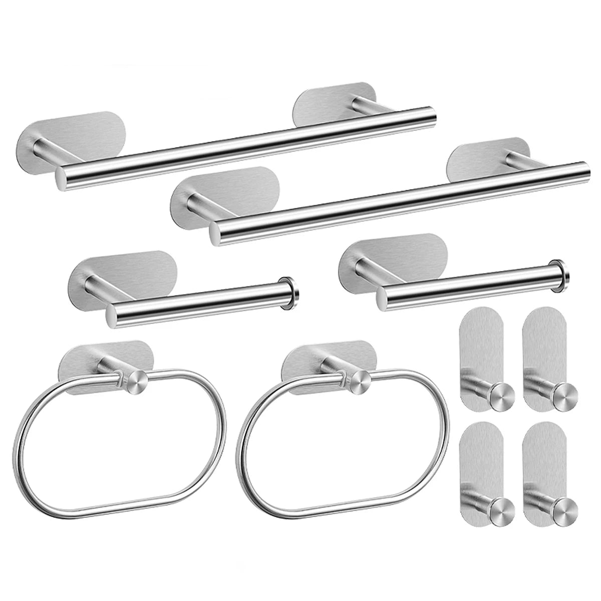 No-Drill Stainless Steel Bathroom Accessories Set, Self-Adhesive Towel Bar, Paper Holder, Towel Ring & Robe Hook