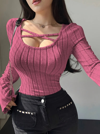 Women’s Ribbed Knit Long Sleeve T-Shirt with Square Neck and Cross Strap, Slim Fit Solid Color Casual Top for Autumn and Winter Streetwear