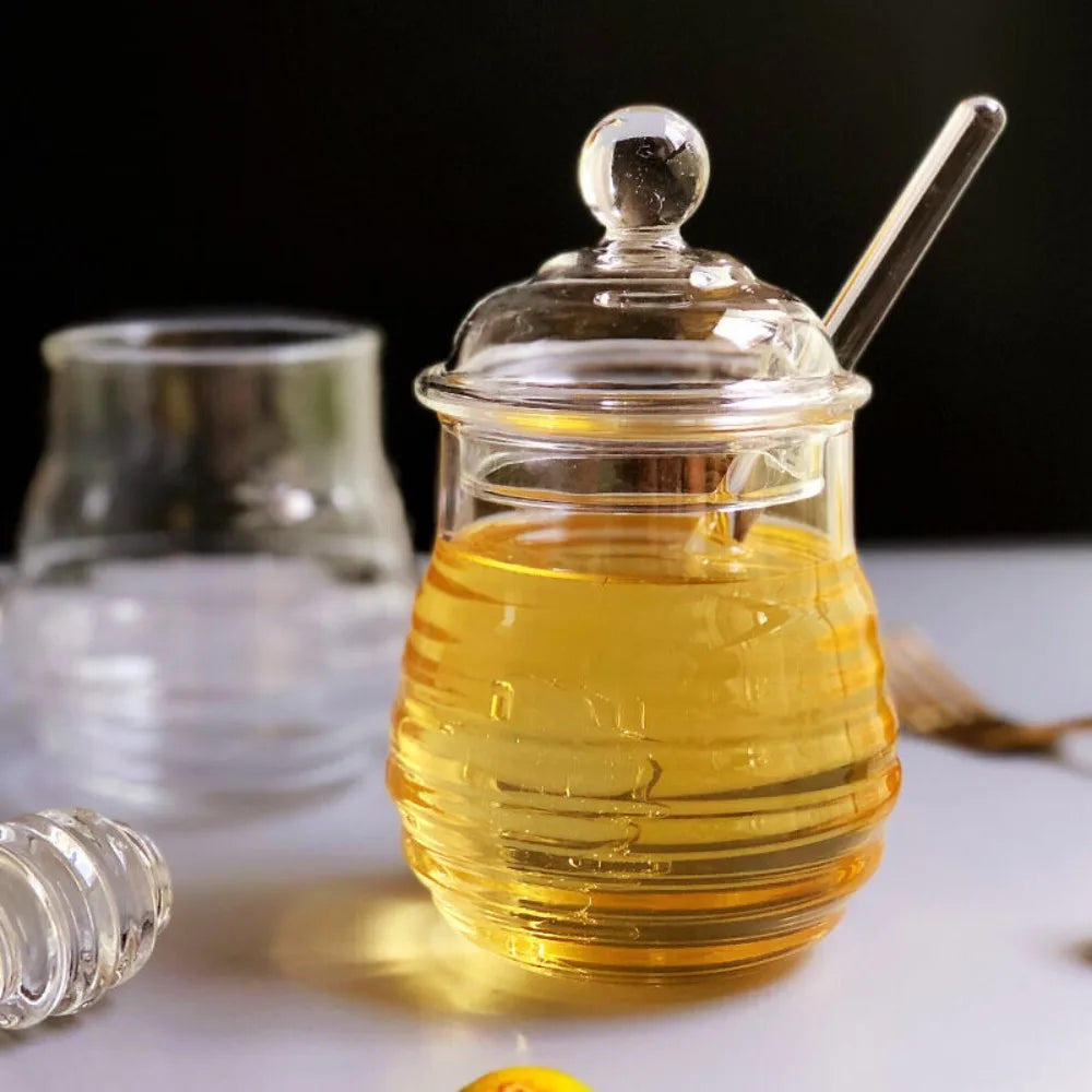 Transparent Honey Pot with Dipper and Lid – Honeycomb Design Honey Tank Kitchen Honey Bottle