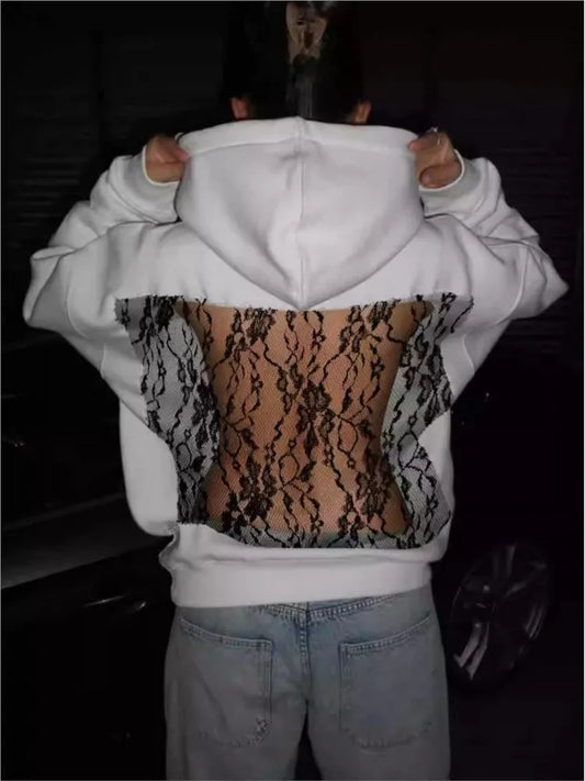 Streetwear Fashion Hoodie Woman's Sexy Solid See Through Backless Sweatshirt Autumn Winter Ladies Lace Splicing Fleece Pullover