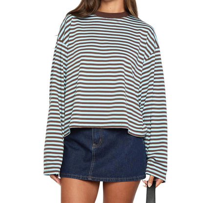 Women’s Retro Striped Long Sleeve T-Shirt, Loose Fit Crew Neck Casual Top, Vintage Streetwear Fall Pullover Tee for Ladies