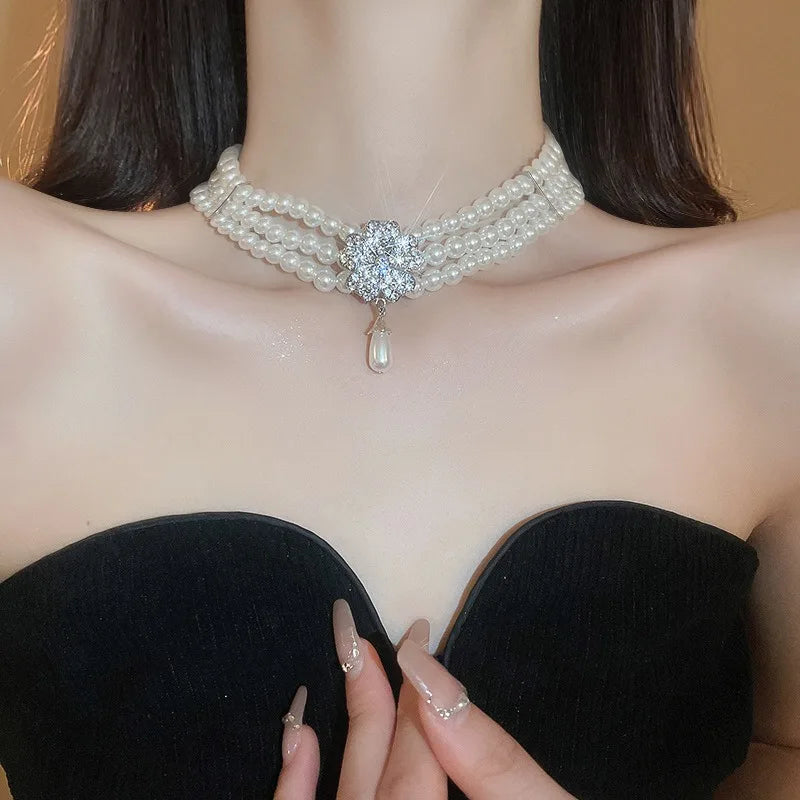 Flower Party Jewelry Set for Women with Imitation Pearl Multi-Layer Necklace, Rhinestone Bracelet and Earrings, French Luxury Shiny Accessory Set for Weddings and Events